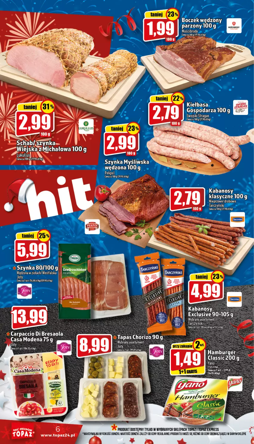 Gazetka promocyjna Topaz - Gazetka - ważna 29.12.2022 do 04.01.2023 - strona 6 - produkty: Bresaola, Burger, Carpaccio, Fa, Hamburger, LG, SEKO, Ser, Szynka, Tarczyński, Top