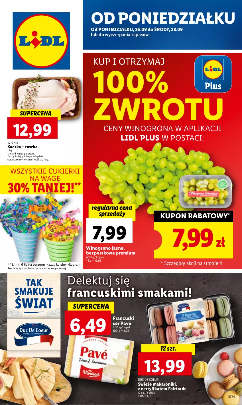 Gazetka promocyjna Lidl - GAZETKA - ważna 26.09 do 28.09.2022 - strona 1 - produkty: Cukier, Cukierki, Fa, Gra, Kaczka, Makaron, Olej, Ser, Tusz, Wino, Winogrona