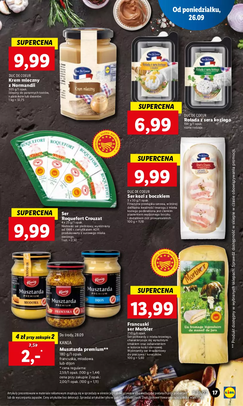 Gazetka promocyjna Lidl - GAZETKA - ważna 26.09 do 28.09.2022 - strona 19 - produkty: Danio, Deser, Mus, Musztarda, Piec, Plasterki, Por, Rolada, Roquefort, Ser, Ser kozi, Ser pleśniowy