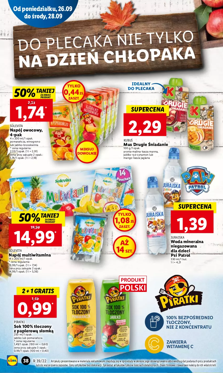 Gazetka promocyjna Lidl - GAZETKA - ważna 26.09 do 28.09.2022 - strona 40 - produkty: Aronia, Dzieci, Gra, Kasza, Kasza jaglana, Kubuś, LANA, Mango, Mus, Napój, Papier, Plecak, Psi Patrol, Ryż, Sok, Wino, Woda, Woda mineralna