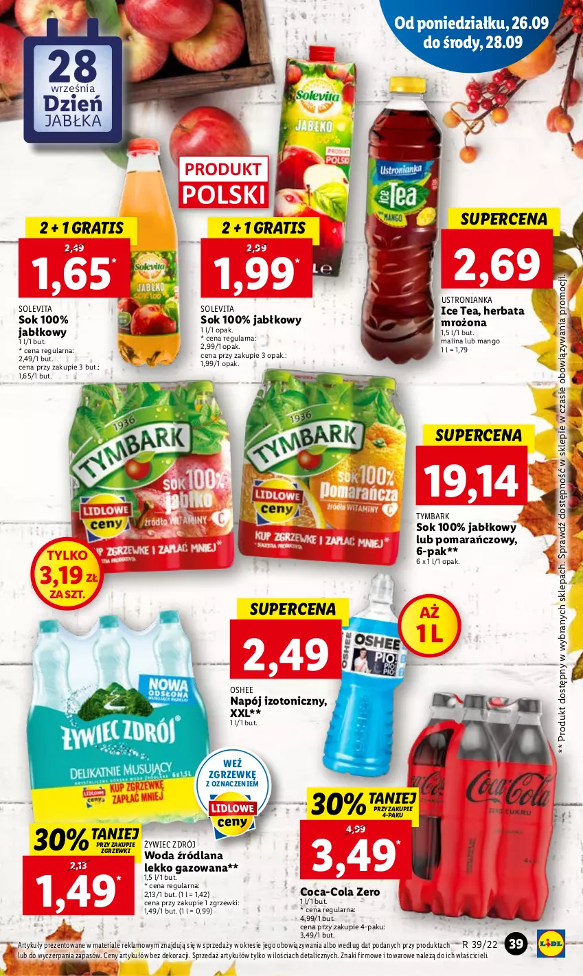 Gazetka promocyjna Lidl - GAZETKA - ważna 26.09 do 28.09.2022 - strona 41 - produkty: Coca-Cola, Gra, Herbata, Ice tea, Jabłka, LANA, Mango, Napój, Napój izotoniczny, Oshee, Sok, Tymbark, Woda