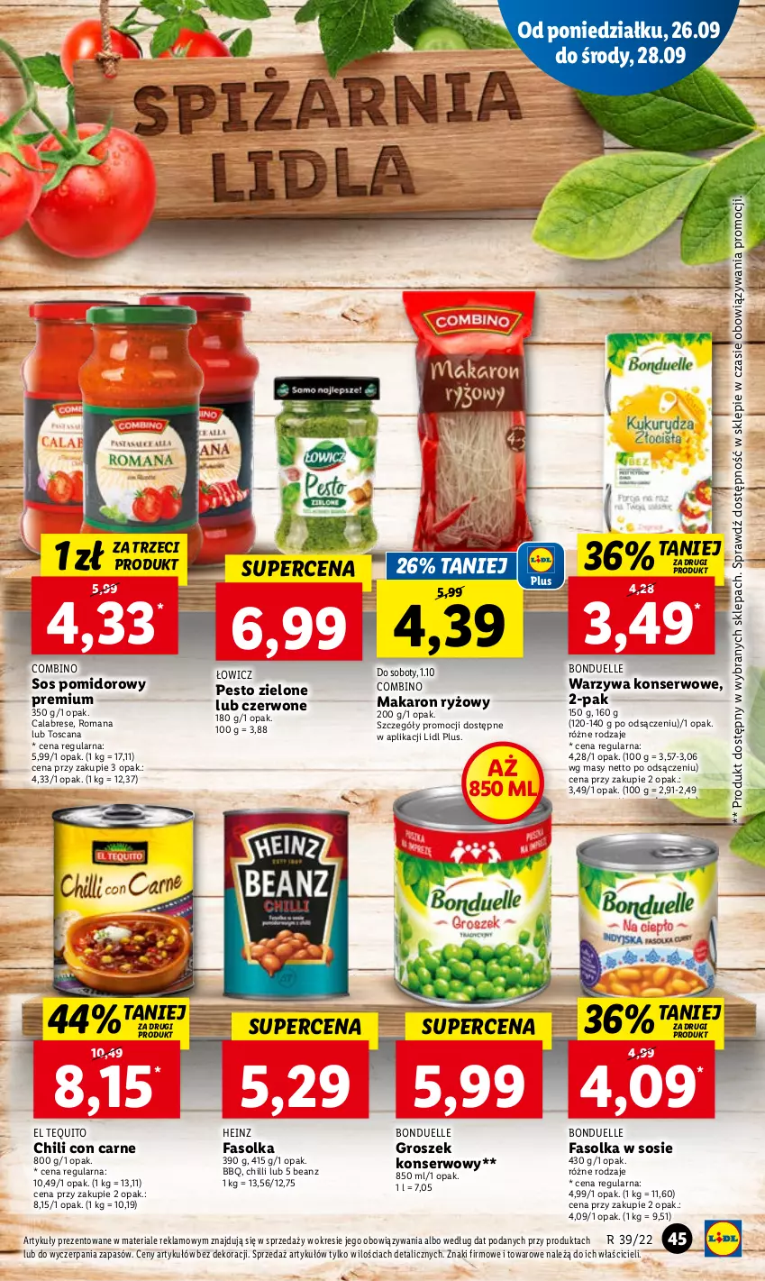 Gazetka promocyjna Lidl - GAZETKA - ważna 26.09 do 28.09.2022 - strona 47 - produkty: Bonduelle, Fa, Groszek, Heinz, Makaron, Makaron ryżowy, Pesto, Ryż, Ser, Sos, Sos pomidorowy, Warzywa, Warzywa konserwowe