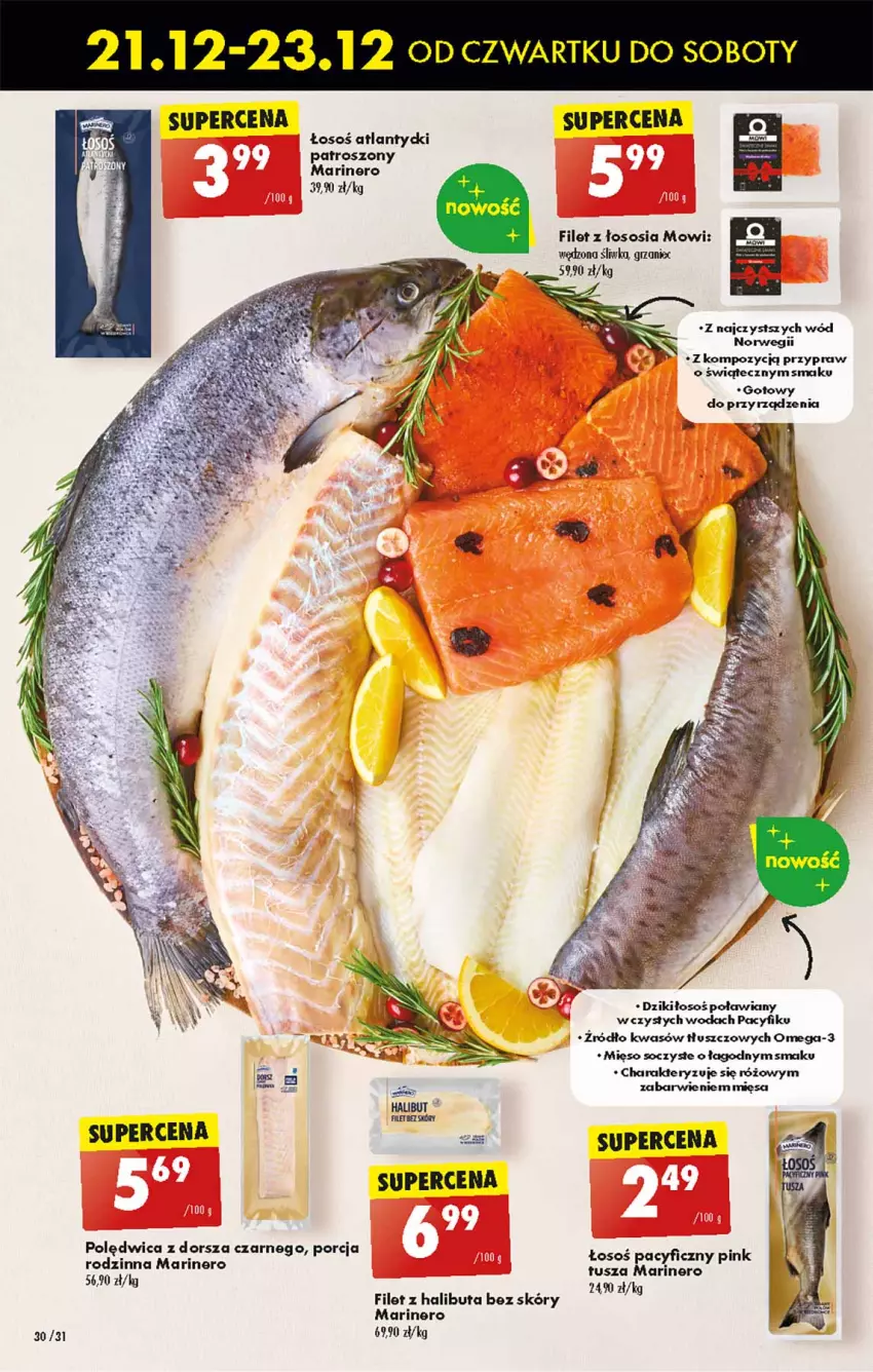 Gazetka promocyjna Biedronka - Od czwartku - ważna 21.12 do 27.12.2023 - strona 34 - produkty: Dorsz, Halibut, Mięso, Omega-3, Polędwica, Por, Sos, Tusz, Woda