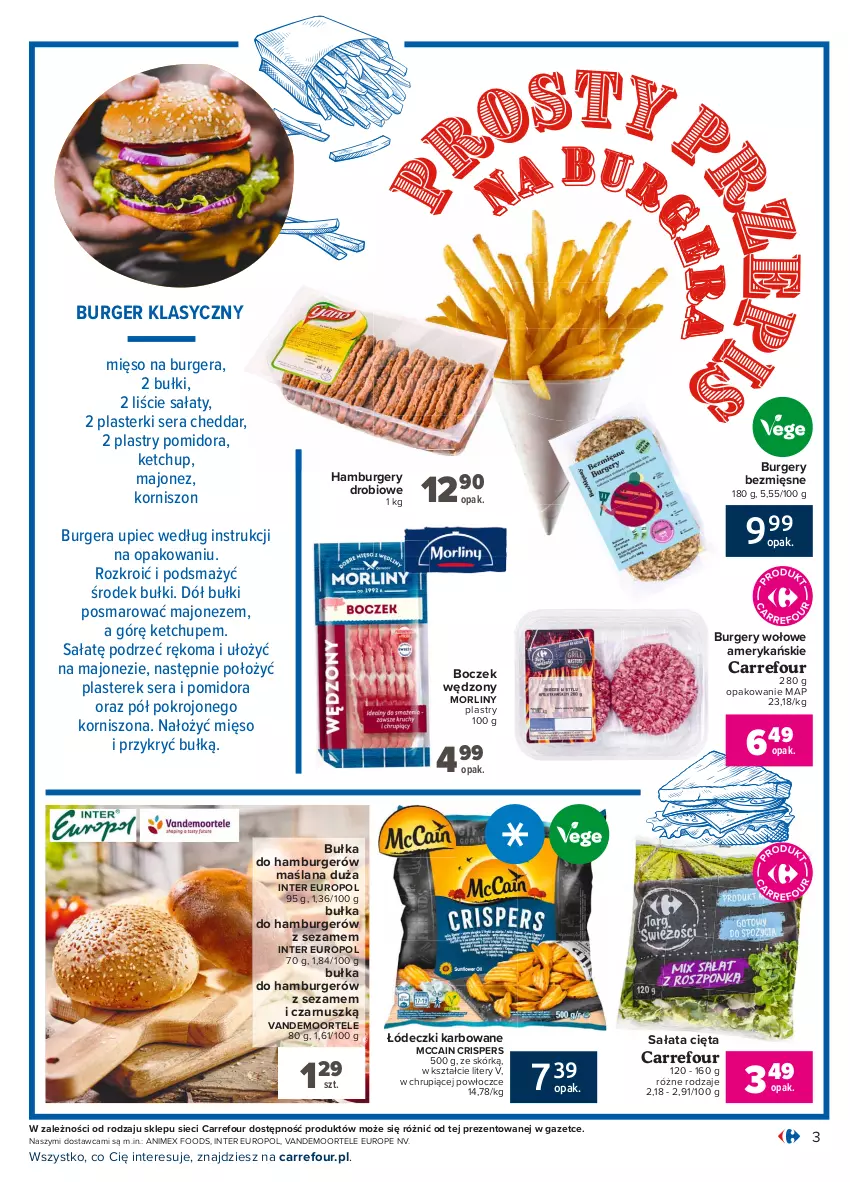 Gazetka promocyjna Carrefour - Gazetka Kuchnia amerykańska i meksykańska - ważna 16.08 do 29.08.2021 - strona 3 - produkty: Boczek, Bułka, Burger, Cheddar, Hamburger, Ketchup, LANA, Majonez, McCain, Mięso, Morliny, Piec, Plasterki, Sałat, Ser, Sezam