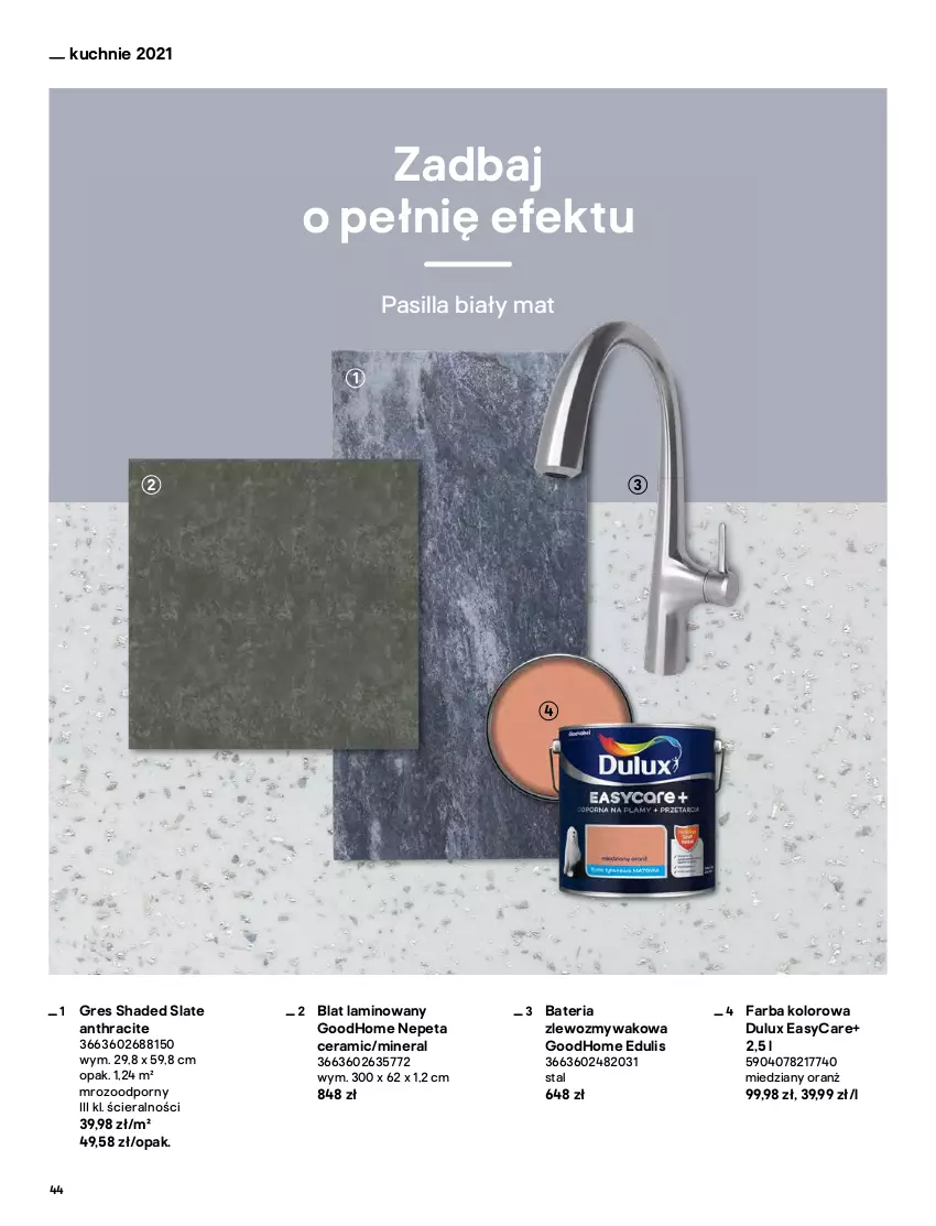 Gazetka promocyjna Castorama - Katalog Kuchnie 2021 - ważna 01.10 do 31.12.2021 - strona 44 - produkty: Bateria, Dulux, Fa, Gres, Kosz, Okap, Organizer, Płyta, Płyta indukcyjna, Por, Zlew, Zlewozmywak