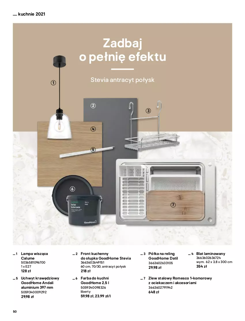 Gazetka promocyjna Castorama - Katalog Kuchnie 2021 - ważna 01.10 do 31.12.2021 - strona 50 - produkty: Fa, Lampa, Lampa wisząca, Ociekacz, Półka, Zlew, Zlew stalowy