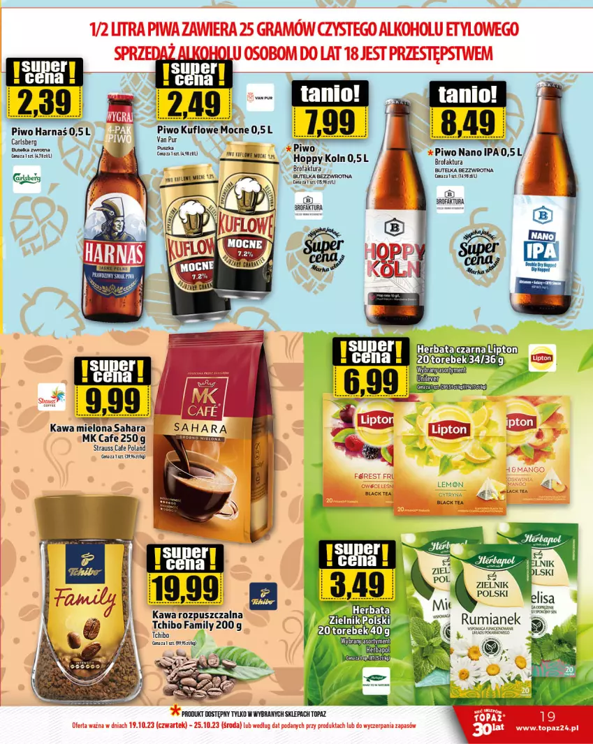 Gazetka promocyjna Topaz - Gazetka - ważna 19.10 do 25.10.2023 - strona 19 - produkty: Carlsberg, Fa, Harnaś, Kawa, Kawa mielona, Kawa rozpuszczalna, Lack, Lipton, Piwo, Pur, Rum, Tchibo, Tchibo Family, Top, UHU