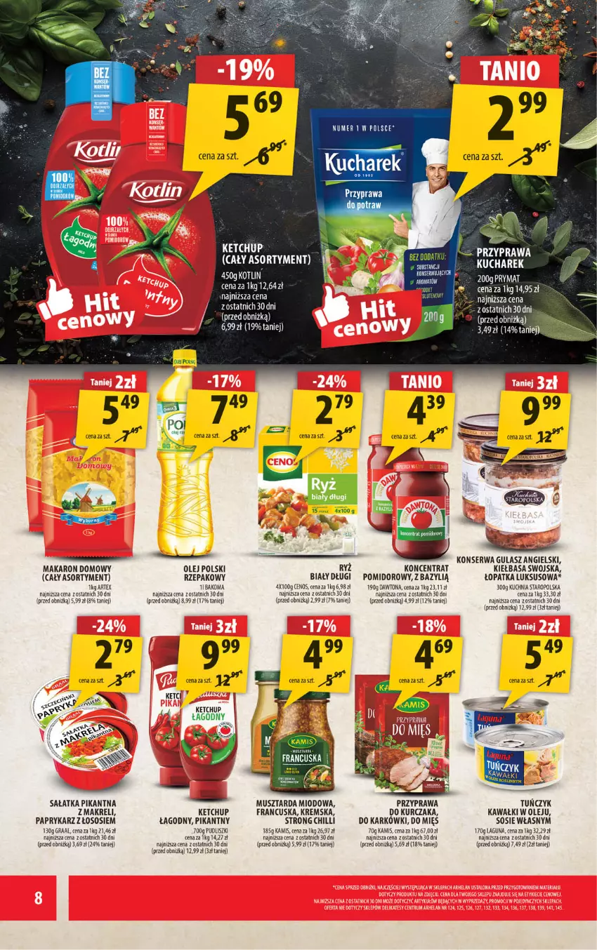 Gazetka promocyjna Arhelan - Gazetka - ważna 11.08 do 24.08.2025 - strona 8 - produkty: Bakoma, Bazyl, Dawtona, Gra, Graal, Kamis, Kawa, Ketchup, Kiełbasa, Kotlin, Kucharek, Kuchnia, Kuchnia Staropolska, Kurczak, Makaron, Mus, Musztarda, Olej, Papryka, Paprykarz, Sałat, Sałatka, Ser, Sos, Tuńczyk, Wagi
