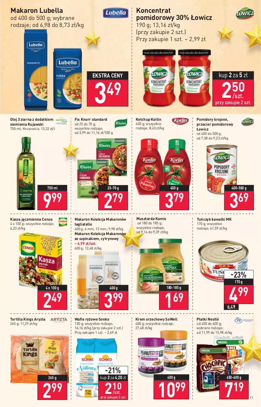 Gazetka promocyjna Stokrotka - Market - ważna 16.12 do 21.12.2021 - strona 11 - produkty: Bell, Bella, Cenos, Kamis, Kasza, Kasza jęczmienna, Kawa, Ketchup, Knorr, Koncentrat pomidorowy, Kotlin, Krem orzechowy, Kujawski, Lubella, Makaron, Mus, Musztarda, Nestlé, Olej, Pomidory, Pomidory krojone, Ryż, Sonko, Szpinak, Tagliatelle, Tortilla, Tuńczyk, Wafle