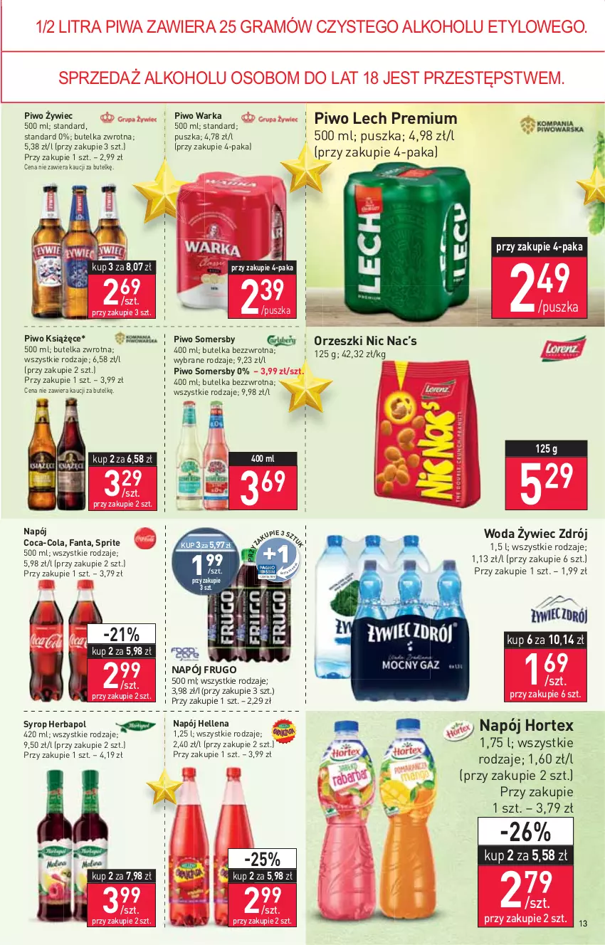 Gazetka promocyjna Stokrotka - Market - ważna 16.12 do 21.12.2021 - strona 13 - produkty: Coca-Cola, Fa, Fanta, Gra, Hellena, Herbapol, Hortex, Książęce, Lech Premium, Napój, Orzeszki, Piwa, Piwo, Somersby, Sprite, Syrop, Warka, Woda