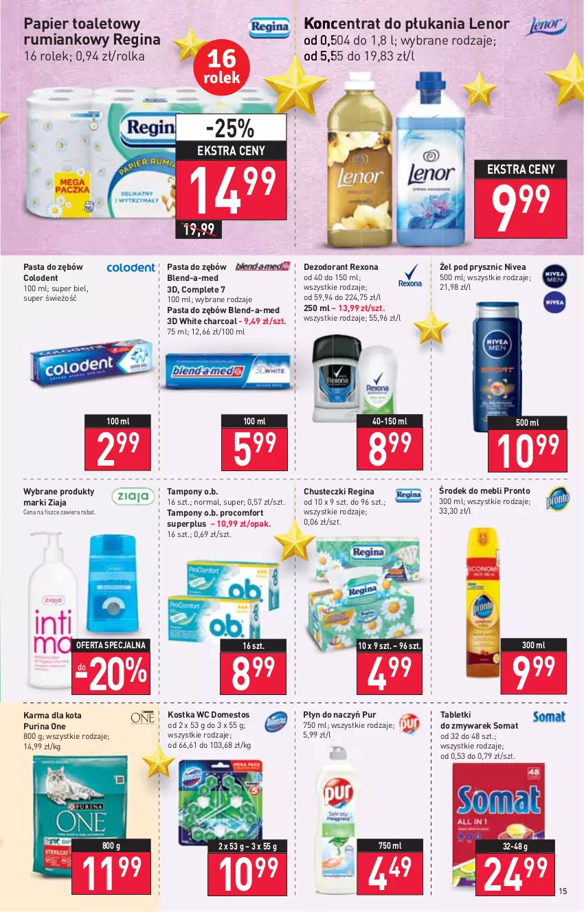 Gazetka promocyjna Stokrotka - Market - ważna 16.12 do 21.12.2021 - strona 15 - produkty: Blend-a-Med, Chusteczki, Dezodorant, Domestos, Gin, Lenor, Nivea, O.B., Papier, Papier toaletowy, Pasta do zębów, Pronto, Pur, Purina, Rexona, Rum, Somat, Tablet, Tampony, Ziaja