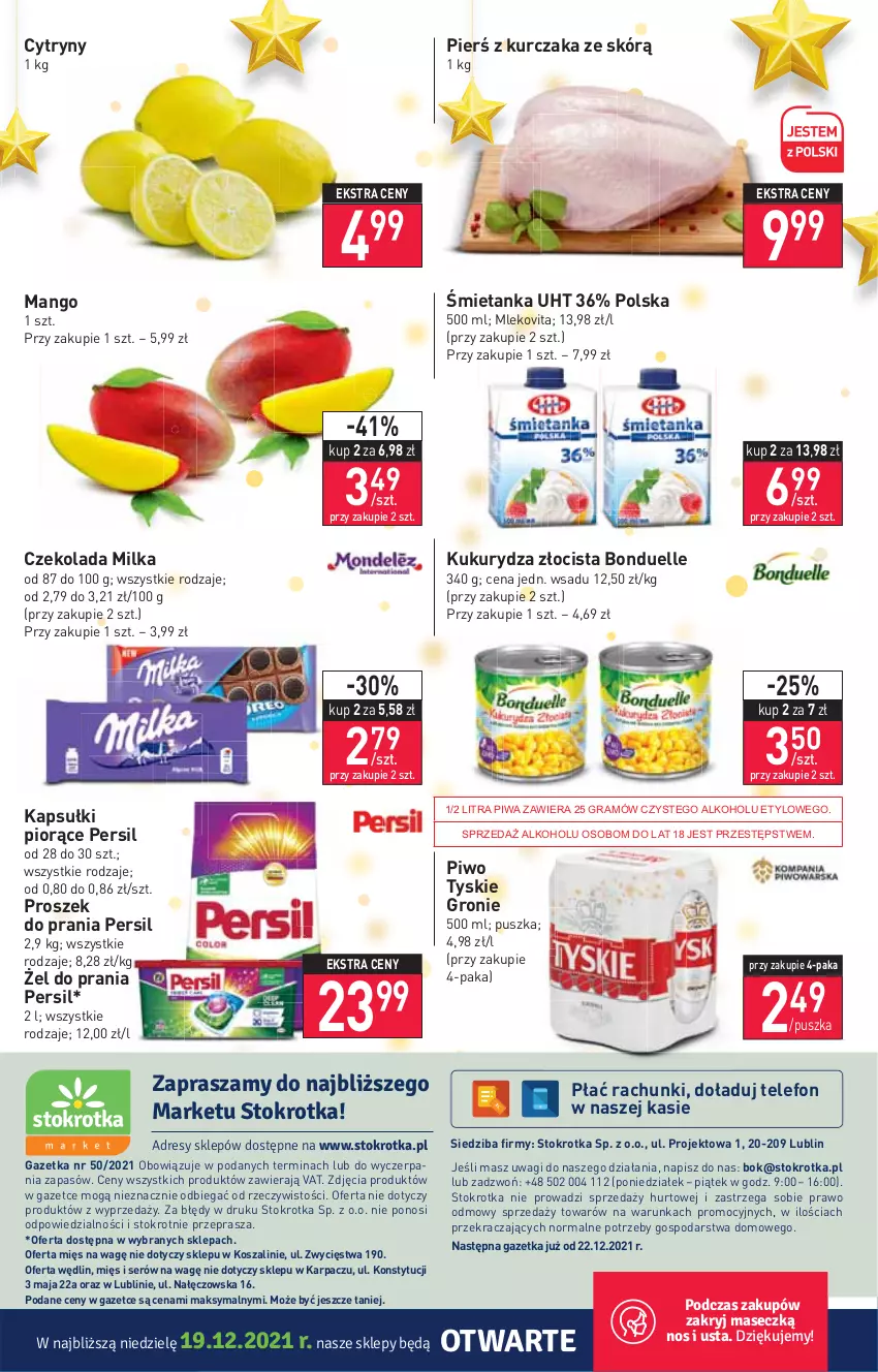 Gazetka promocyjna Stokrotka - Market - ważna 16.12 do 21.12.2021 - strona 16 - produkty: Bonduelle, Cytryny, Czekolada, Gra, Karp, Kosz, Kukurydza, Kurczak, Mango, Milka, Mleko, Mlekovita, O nas, Persil, Piwa, Piwo, Proszek do prania, Ser, Szal, Telefon, Tyskie, Wagi