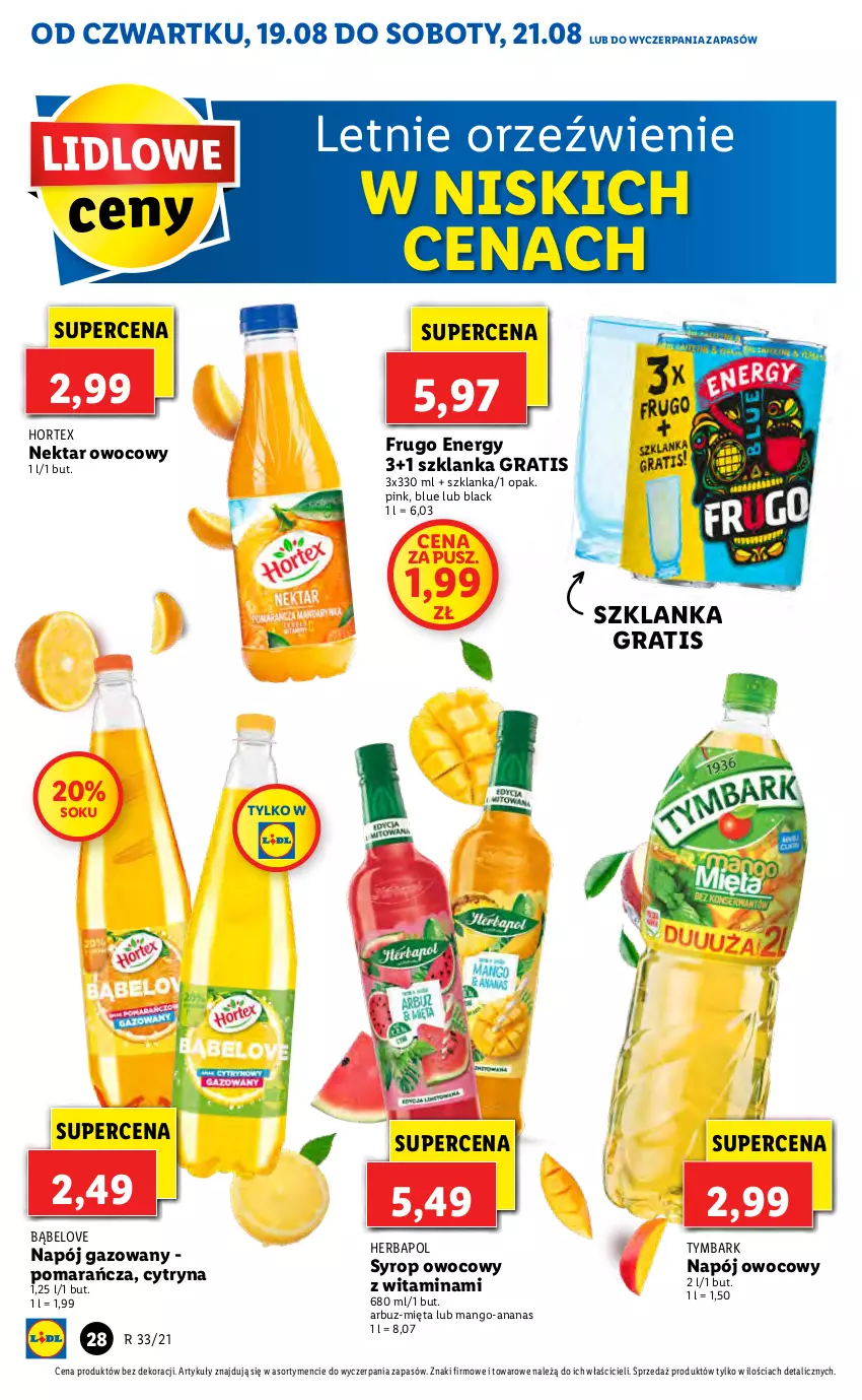 Gazetka promocyjna Lidl - GAZETKA - ważna 19.08 do 21.08.2021 - strona 28 - produkty: Ananas, Arbuz, Gra, Herbapol, Hortex, Lack, Mango, Mięta, Napój, Napój gazowany, Nektar, Sok, Syrop, Szklanka, Tymbark