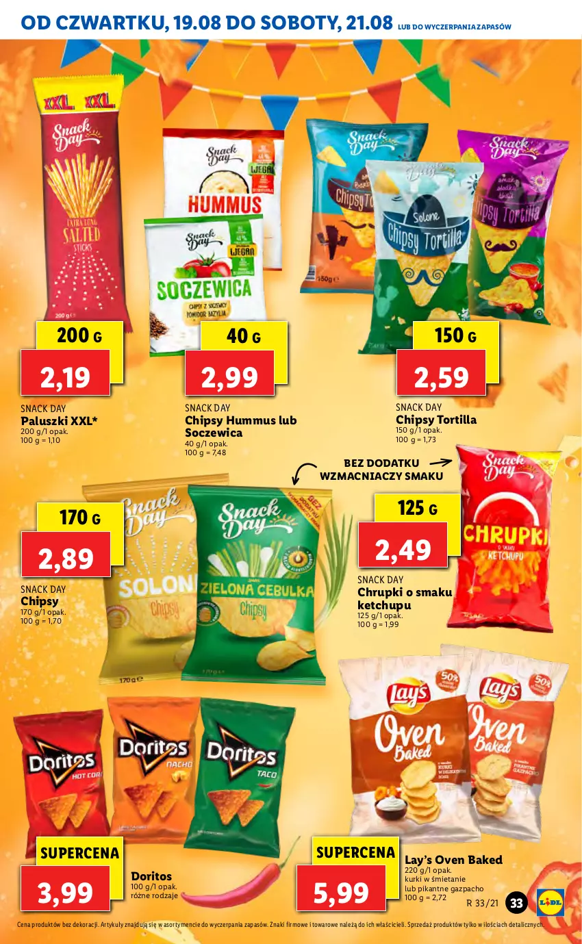 Gazetka promocyjna Lidl - GAZETKA - ważna 19.08 do 21.08.2021 - strona 33 - produkty: Chipsy, Chrupki, Hummus, Ketchup, Lay’s, Mus, Tortilla, Tortilla Chips