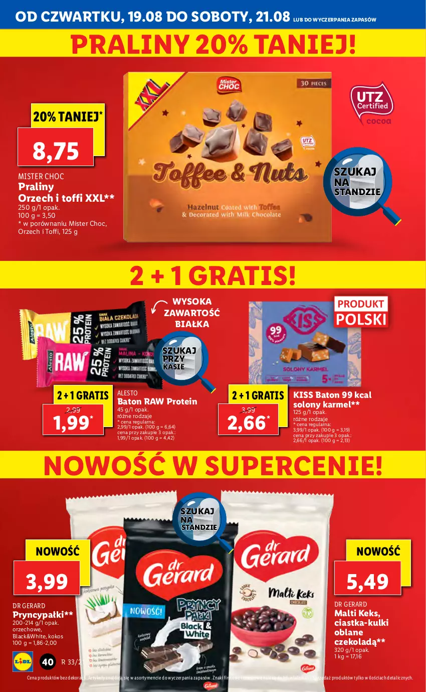 Gazetka promocyjna Lidl - GAZETKA - ważna 19.08 do 21.08.2021 - strona 40 - produkty: Baton, Ciastka, Dr Gerard, Gra, Kokos, Lack, Por, Praliny, Sok