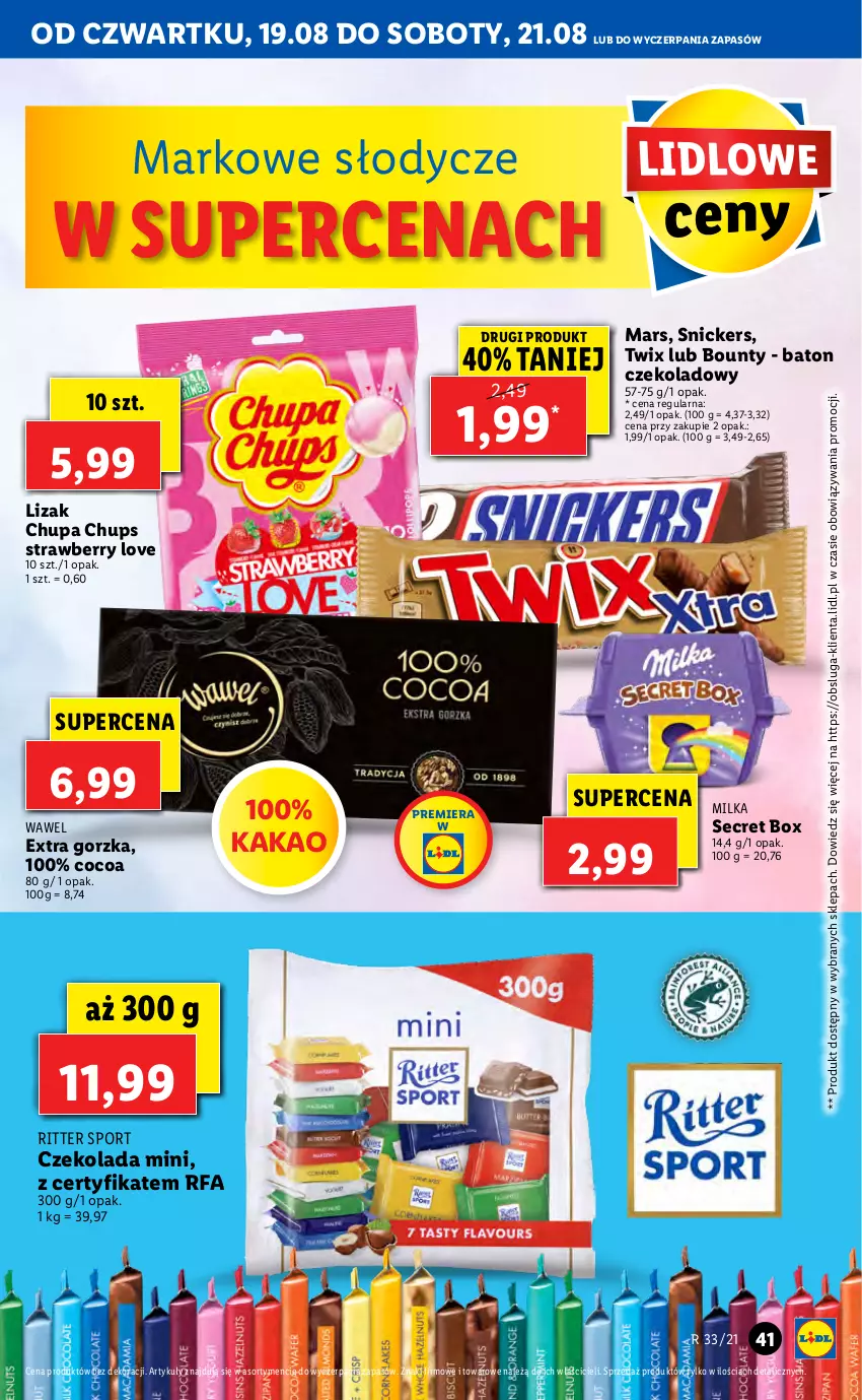 Gazetka promocyjna Lidl - GAZETKA - ważna 19.08 do 21.08.2021 - strona 41 - produkty: Baton, Bounty, Chupa Chups, Czekolada, Fa, Kakao, Mars, Milka, Por, Ritter Sport, Snickers, Sport, Twix, Wawel