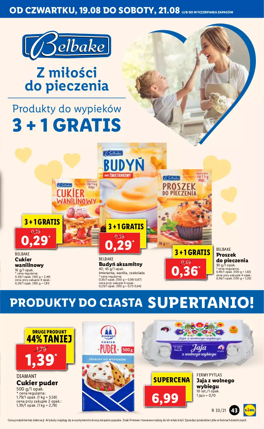 Gazetka promocyjna Lidl - GAZETKA - ważna 19.08 do 21.08.2021 - strona 43 - produkty: Aksam, Budyń, Cukier, Cukier puder, Cukier wanilinowy, Czekolada, Diamant, Gra, Jaja, Jaja z wolnego wybiegu, Piec, Proszek do pieczenia, Puder