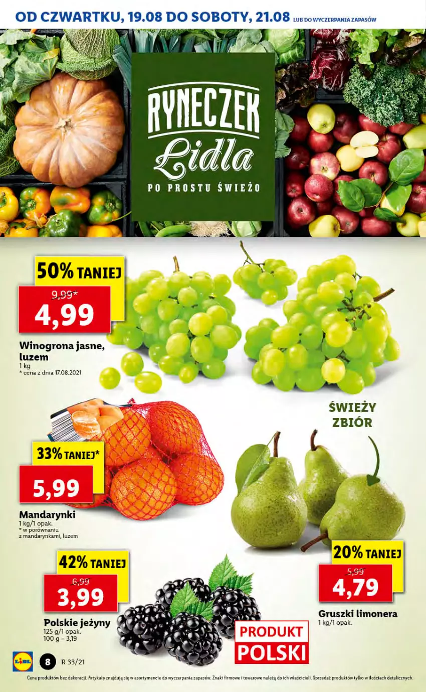 Gazetka promocyjna Lidl - GAZETKA - ważna 19.08 do 21.08.2021 - strona 8 - produkty: Gruszki, Jeżyny, Mandarynki, Por, Wino, Winogrona