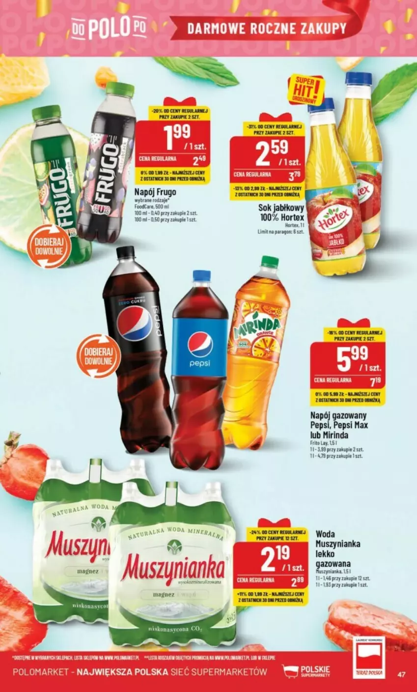 Gazetka promocyjna PoloMarket - ważna 25.10 do 31.10.2023 - strona 42 - produkty: Hortex, Magnez, Mirinda, Mus, Muszynianka, Napój, Napój gazowany, Pepsi, Pepsi max, Sok, Sok jabłkowy, Woda