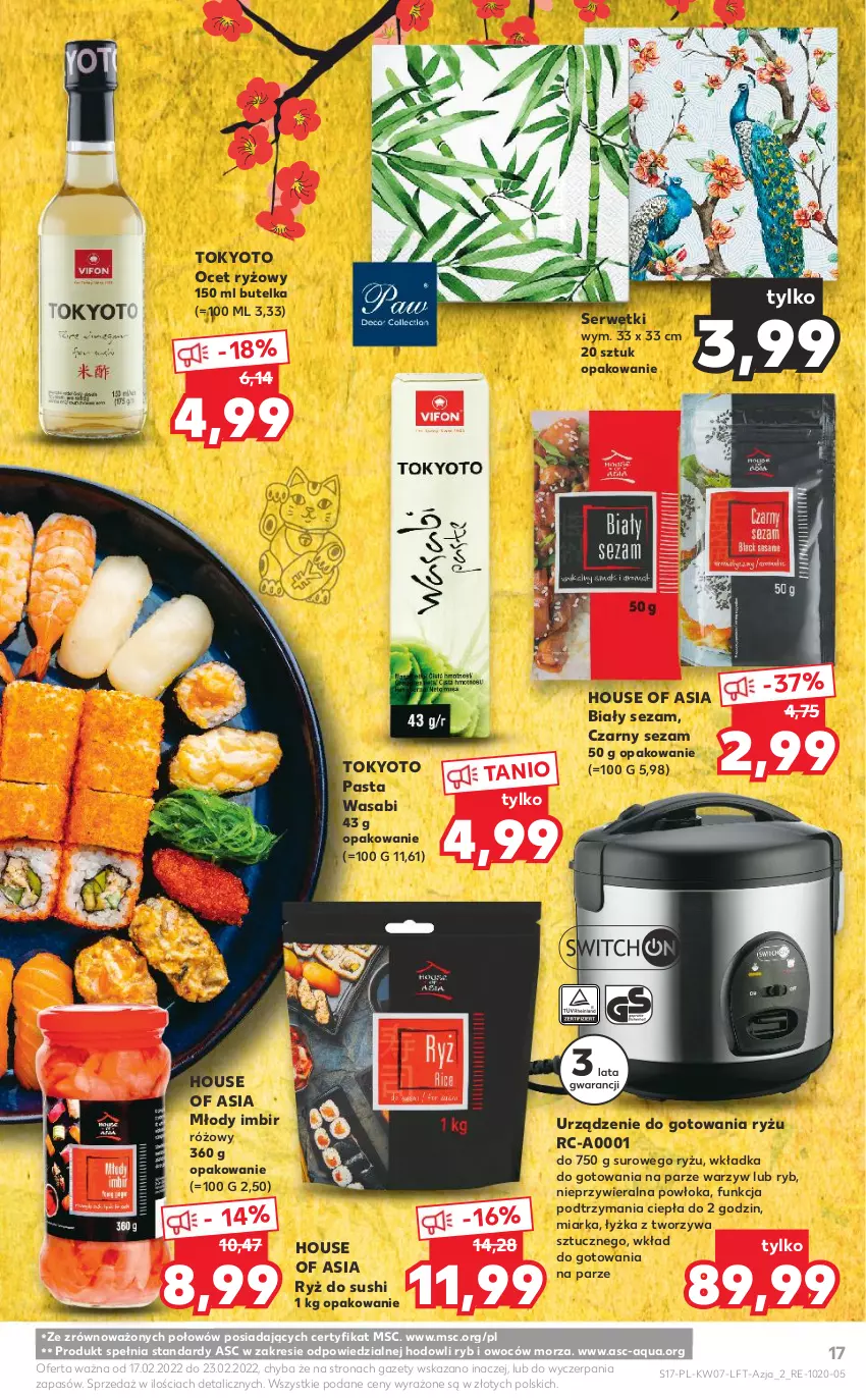 Gazetka promocyjna Kaufland - OFERTA TYGODNIA - ważna 17.02 do 23.02.2022 - strona 17 - produkty: House of Asia, Imbir, Miarka, Ocet, Ocet ryżowy, Pasta wasabi, Ryż, Ryż do sushi, Ser, Serwetki, Sezam, Sushi, Wasa