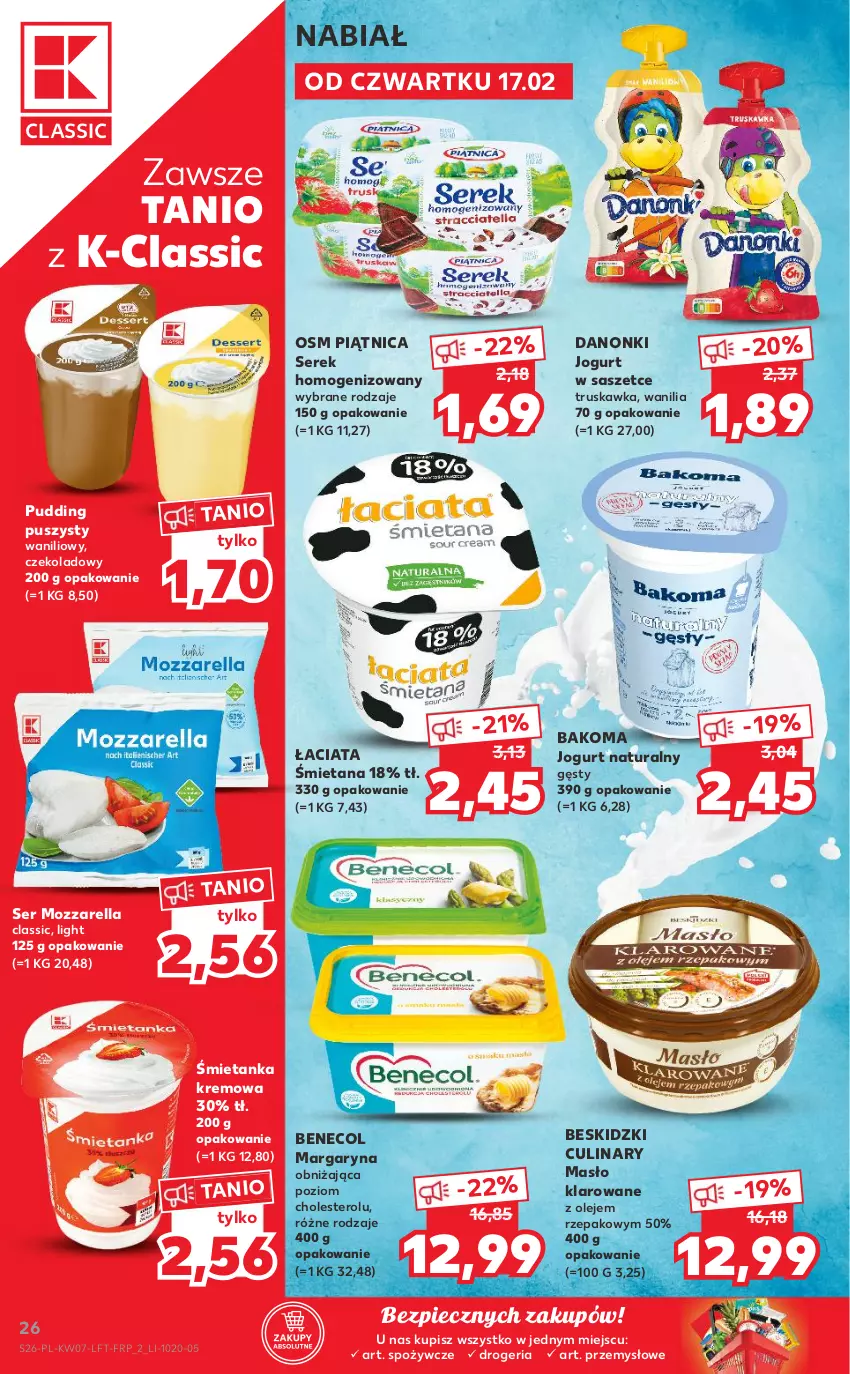 Gazetka promocyjna Kaufland - OFERTA TYGODNIA - ważna 17.02 do 23.02.2022 - strona 26 - produkty: Bakoma, Benecol, Beskidzki, Danonki, Jogurt, Jogurt naturalny, Margaryna, Masło, Masło klarowane, Mozzarella, Olej, Piątnica, Piec, Pudding, Ser, Serek, Serek homogenizowany