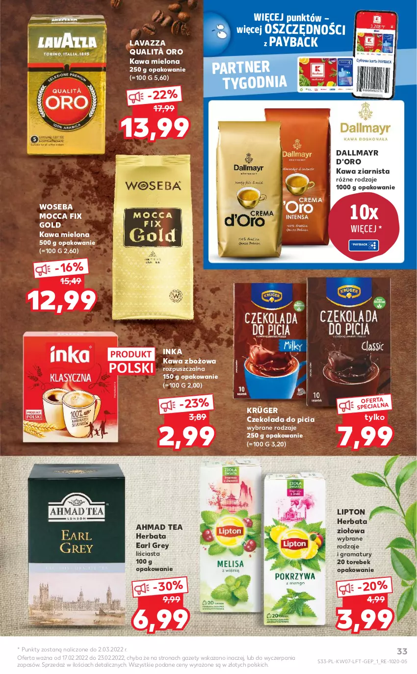 Gazetka promocyjna Kaufland - OFERTA TYGODNIA - ważna 17.02 do 23.02.2022 - strona 33 - produkty: Czekolada, Dallmayr, Earl Grey, Gra, Herbata, Inka, Kawa, Kawa mielona, Kawa zbożowa, Kawa ziarnista, Lavazza, Lipton, Mocca Fix Gold, Rama, Woseba