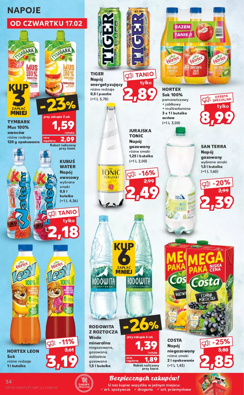 Gazetka promocyjna Kaufland - OFERTA TYGODNIA - ważna 17.02 do 23.02.2022 - strona 34 - produkty: Hortex, Kubuś, Leon, Mus, Napój, Napój gazowany, Napój niegazowany, Napoje, Piec, San Terra, Sok, Tiger, Tymbark, Woda, Woda mineralna