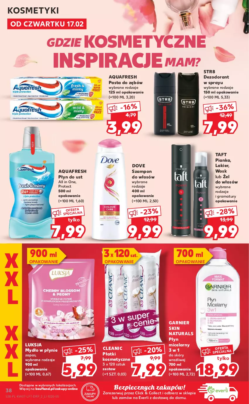 Gazetka promocyjna Kaufland - OFERTA TYGODNIA - ważna 17.02 do 23.02.2022 - strona 38 - produkty: Aquafresh, Cleanic, Dezodorant, Dove, Garnier, Gra, Lakier, Luksja, Mydło, Mydło w płynie, Pasta do zębów, Piec, Płatki kosmetyczne, Płyn micelarny, Rama, Str8, Szampon, Taft