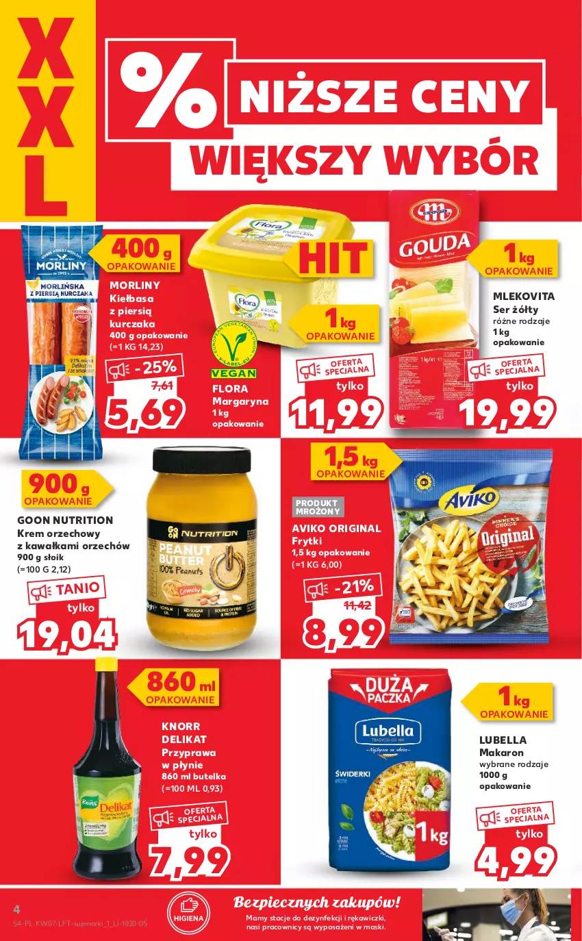 Gazetka promocyjna Kaufland - OFERTA TYGODNIA - ważna 17.02 do 23.02.2022 - strona 4 - produkty: Bell, Bella, Flora, Frytki, Gin, Kawa, Kiełbasa, Knorr, Krem orzechowy, Kurczak, Lubella, Makaron, Margaryna, Mleko, Mlekovita, Morliny, Piec, Przyprawa w płynie, Ser