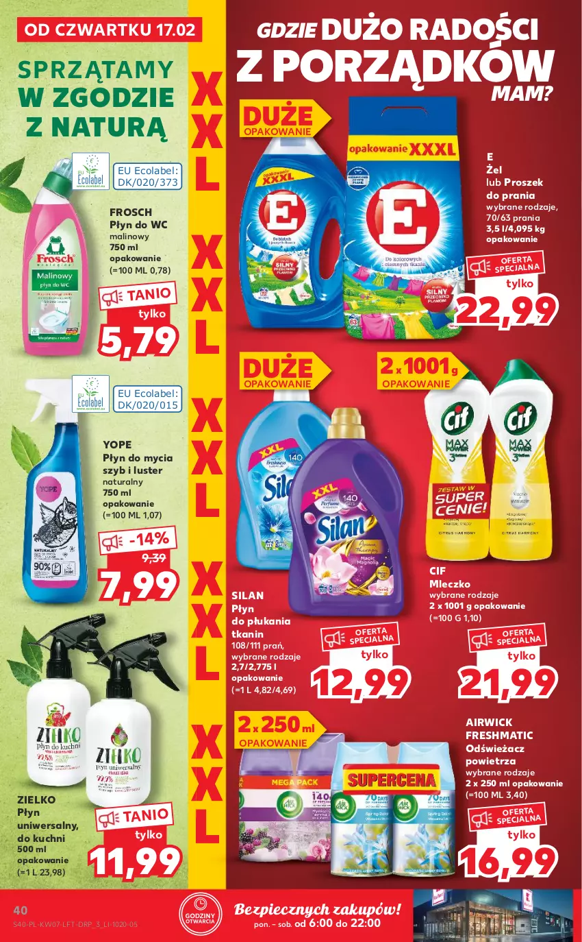 Gazetka promocyjna Kaufland - OFERTA TYGODNIA - ważna 17.02 do 23.02.2022 - strona 40 - produkty: Cif, Frosch, Mleczko, Odświeżacz powietrza, Piec, Płyn do mycia, Płyn do płukania, Płyn do wc, Por, Proszek do prania, Silan, Yope