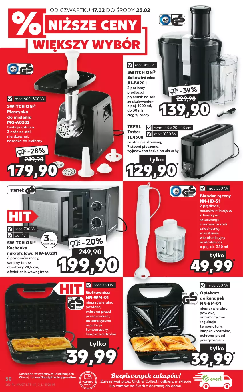 Gazetka promocyjna Kaufland - OFERTA TYGODNIA - ważna 17.02 do 23.02.2022 - strona 50 - produkty: Blender, Blender ręczny, Fa, Gofrownica, Kuchenka mikrofalowa, Maszynka, Maszynka do mielenia, Noż, Opiekacz do kanapek, Piec, Pojemnik, Rozdrabniacz, Sok, Szynka, Talerz, Tefal, Top, Toster