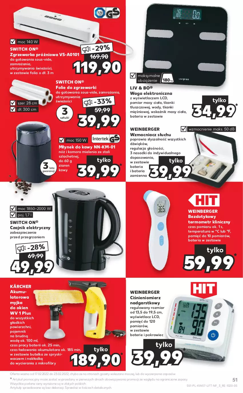 Gazetka promocyjna Kaufland - OFERTA TYGODNIA - ważna 17.02 do 23.02.2022 - strona 51 - produkty: Akumulator, Bateria, Butelka ze spryskiwaczem, Ciśnieniomierz, Czajnik, Czajnik elektryczny, Gra, Kärcher, Młynek, Młynek do kawy, Myjka do okien, Piec, Pojemnik, Pokrowiec, Szal, Termometr, Waga, Warka, Wzmacniacz słuchu