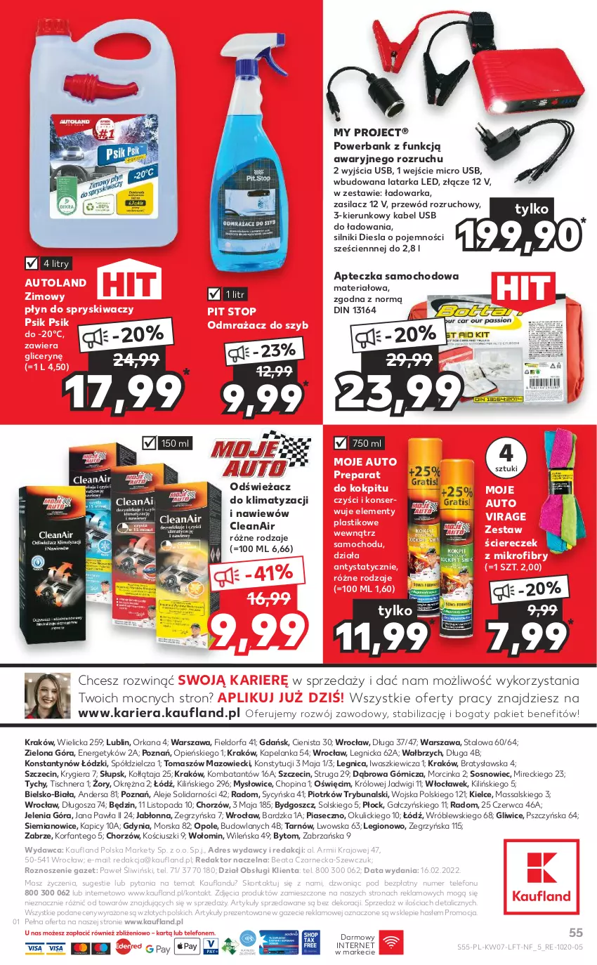 Gazetka promocyjna Kaufland - OFERTA TYGODNIA - ważna 17.02 do 23.02.2022 - strona 55 - produkty: Apteczka samochodowa, Dres, Fa, Inka, Kabel USB, Latarka, Latarka LED, Moje Auto, Odmrażacz do szyb, Orka, Płyn do spryskiwaczy, Powerbank, Przewód, Ser, Sos, Tarka, Telefon, Top, Warka