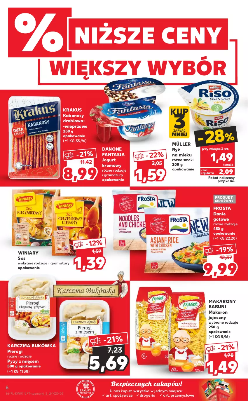 Gazetka promocyjna Kaufland - OFERTA TYGODNIA - ważna 17.02 do 23.02.2022 - strona 6 - produkty: Babuni, Danie gotowe, Danone, Danone Fantasia, Fa, Fanta, Frosta, Gra, Jogurt, Kabanos, Krakus, Makaron, Müller, Piec, Pierogi, Rama, Ryż, Ryż na mleku, Sos, Winiary