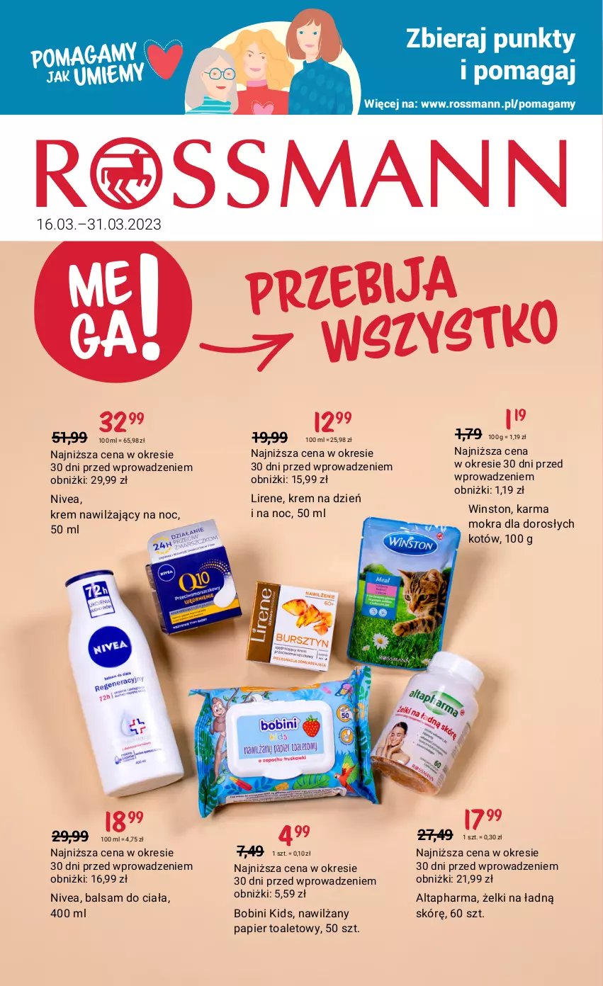 Gazetka promocyjna Rossmann - 16 marca - ważna 16.03 do 31.03.2023 - strona 1 - produkty: Balsam do ciała, Krem na dzień, Krem na dzień i na noc, Krem nawilżający, Lirene, Nawilżany papier, Nivea, Papier, Papier toaletowy, Winston