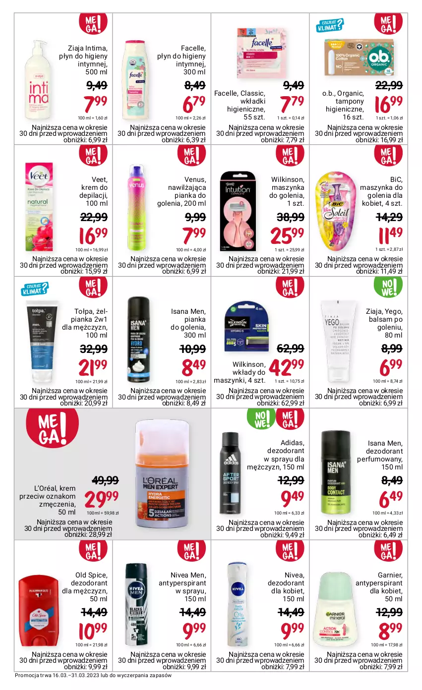 Gazetka promocyjna Rossmann - 16 marca - ważna 16.03 do 31.03.2023 - strona 9 - produkty: Adidas, Antyperspirant, Balsam po goleniu, BIC, Dezodorant, Fa, Facelle, Garnier, Isana, Krem do depilacji, L’Oréal, Maszynka, Maszynka do golenia, Nivea, Nivea Men, O.B., Old Spice, Perfum, Pianka do golenia, Płyn do higieny intymnej, Szynka, Tampony, Tołpa, Veet, Venus, Wkładki, Ziaja