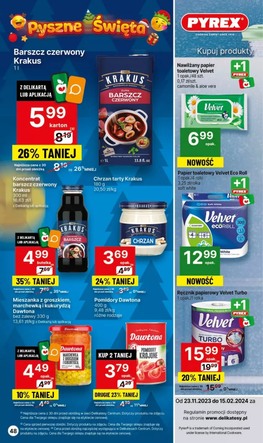 Gazetka promocyjna Delikatesy Centrum - Dyskontowe ceny w Delikatesach Centrum - ważna 30.11 do 06.12.2023 - strona 48 - produkty: Aloe vera, Krakus, Marchewka, Nawilżany papier, Papier, Papier toaletowy, Por, Ręcznik, Rolki, Velvet