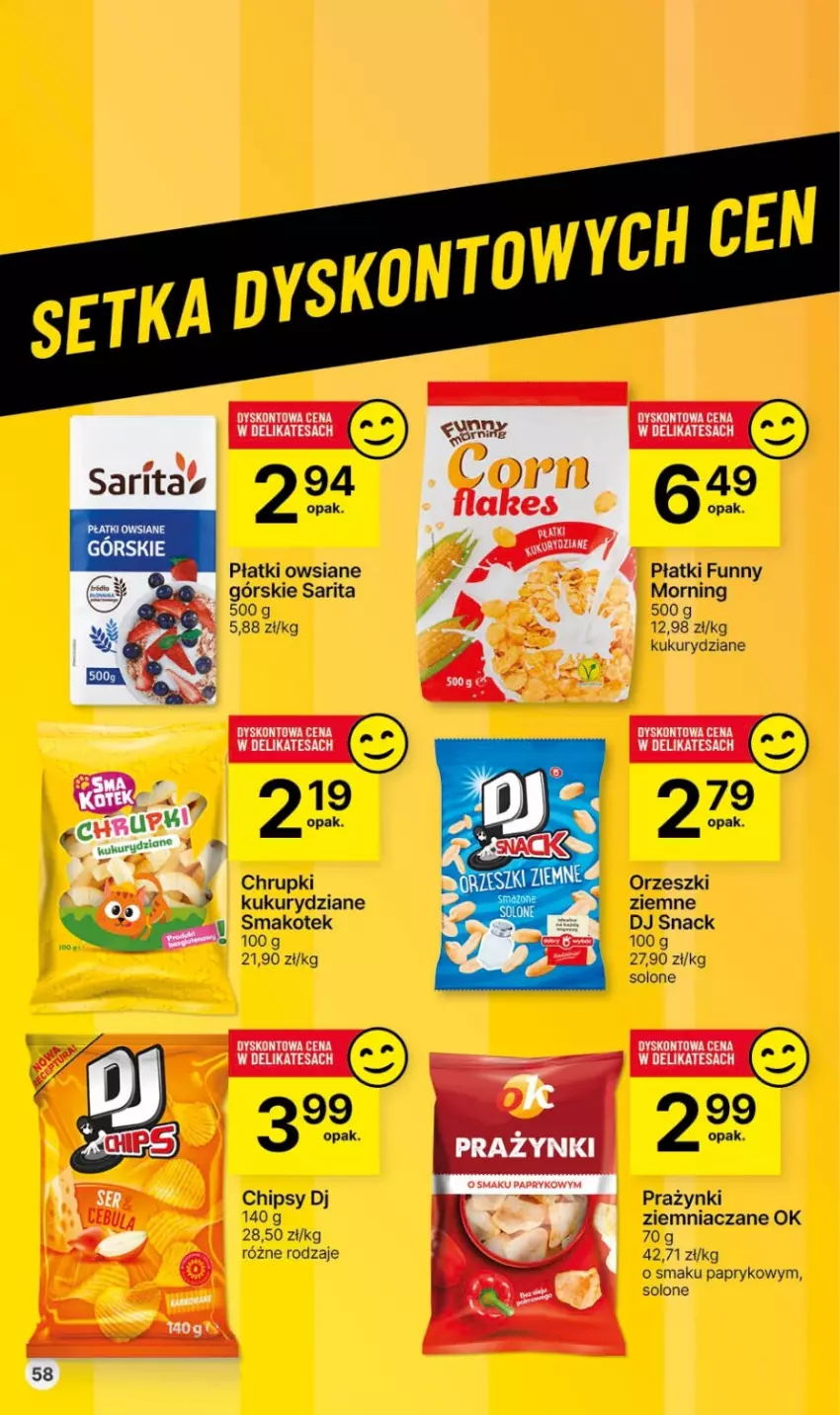 Gazetka promocyjna Delikatesy Centrum - Dyskontowe ceny w Delikatesach Centrum - ważna 30.11 do 06.12.2023 - strona 58 - produkty: Chrupki, Kotek, Orzeszki, Orzeszki ziemne, Płatki owsiane, Sarita, Smakotek