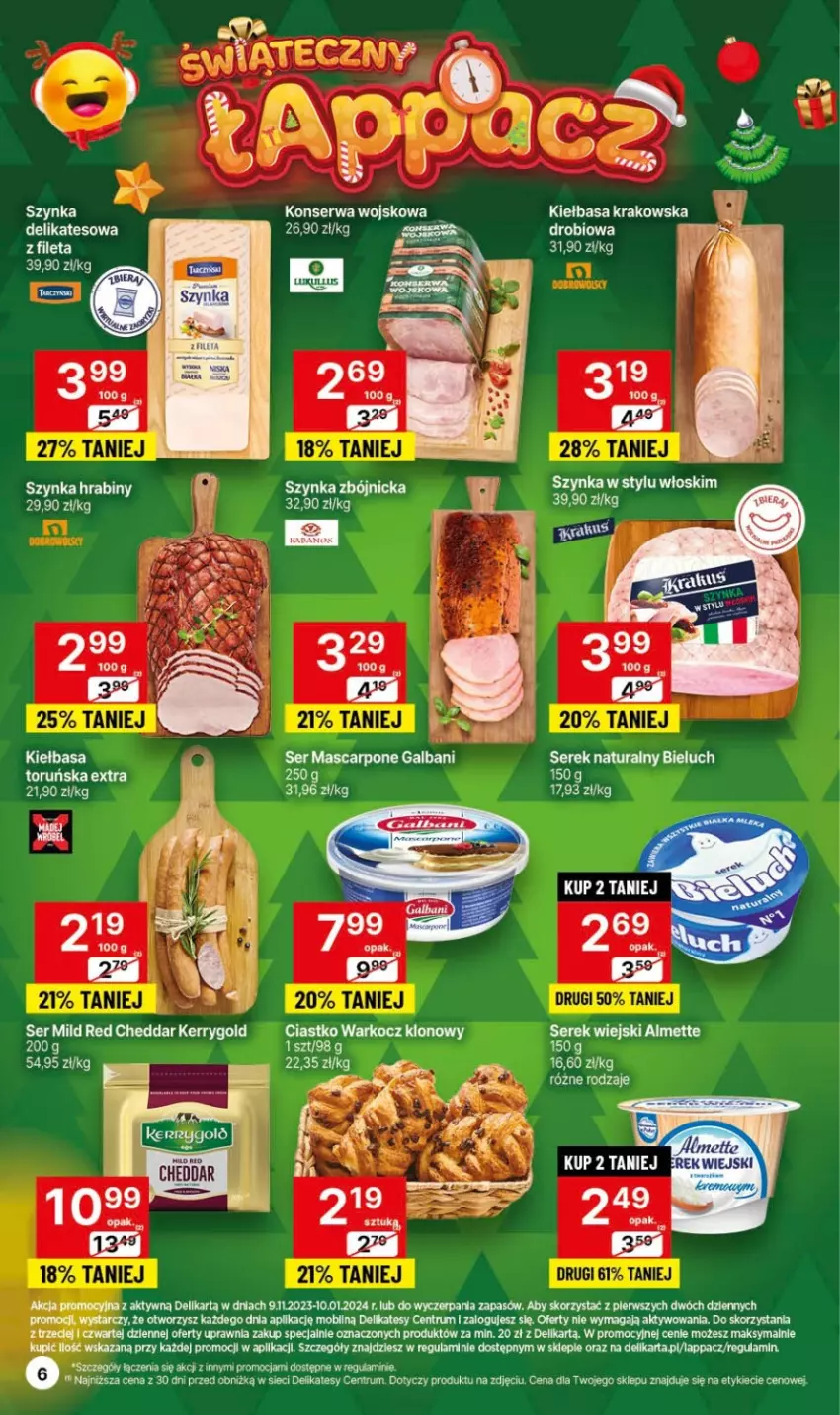 Gazetka promocyjna Delikatesy Centrum - Dyskontowe ceny w Delikatesach Centrum - ważna 30.11 do 06.12.2023 - strona 6 - produkty: Bieluch, Cheddar, Dell, Fa, Galbani, Kiełbasa, Kiełbasa krakowska, Koc, Mascarpone, Mobil, Rum, Ser, Serek, Serek naturalny, Szynka