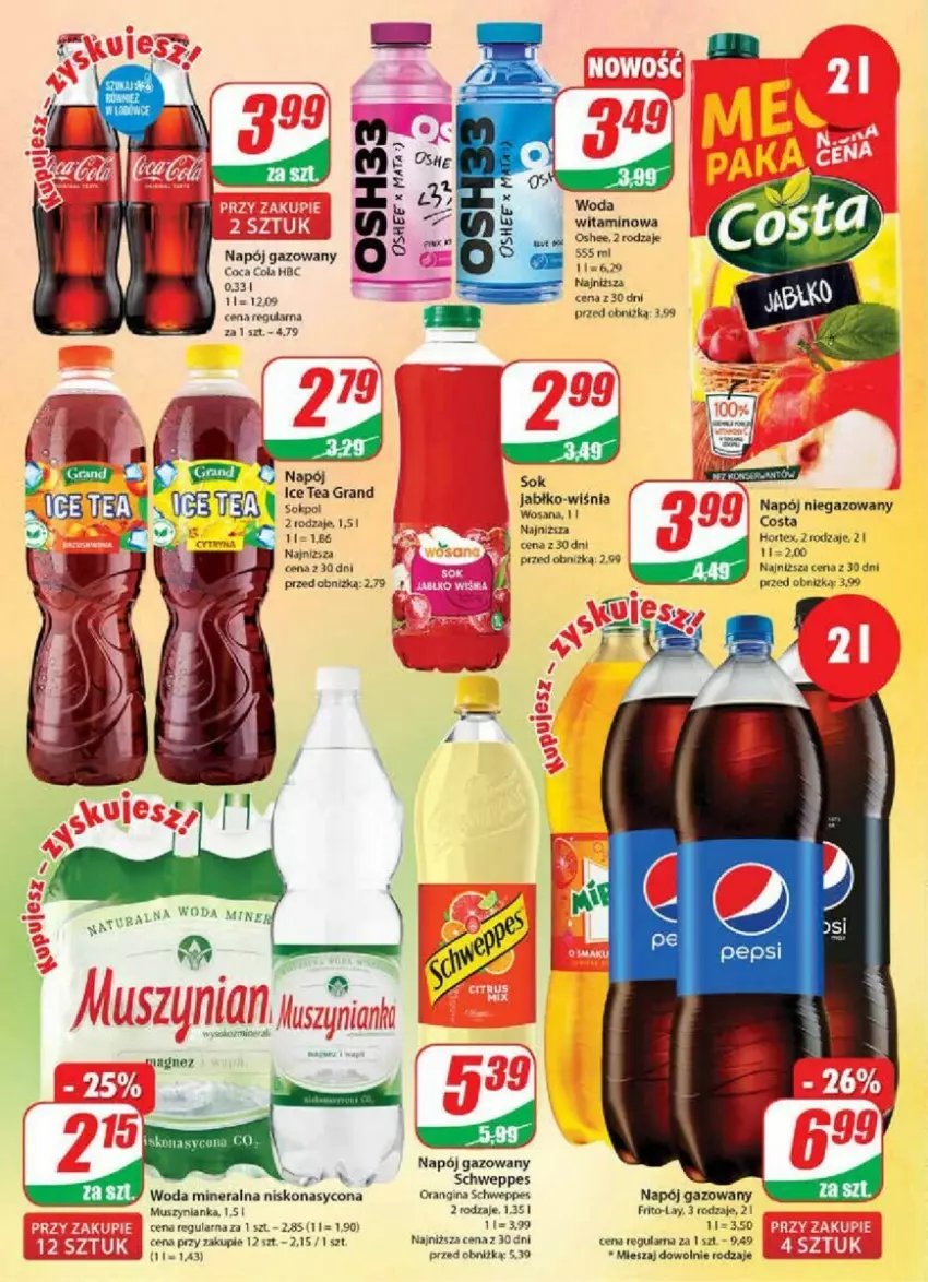 Gazetka promocyjna Dino - ważna 06.09 do 12.09.2023 - strona 12 - produkty: Gin, Gra, Ice tea, Mus, Muszynianka, Napój, Napój gazowany, Oshee, Pepsi, Schweppes, Sok, Woda, Woda mineralna, Wosana