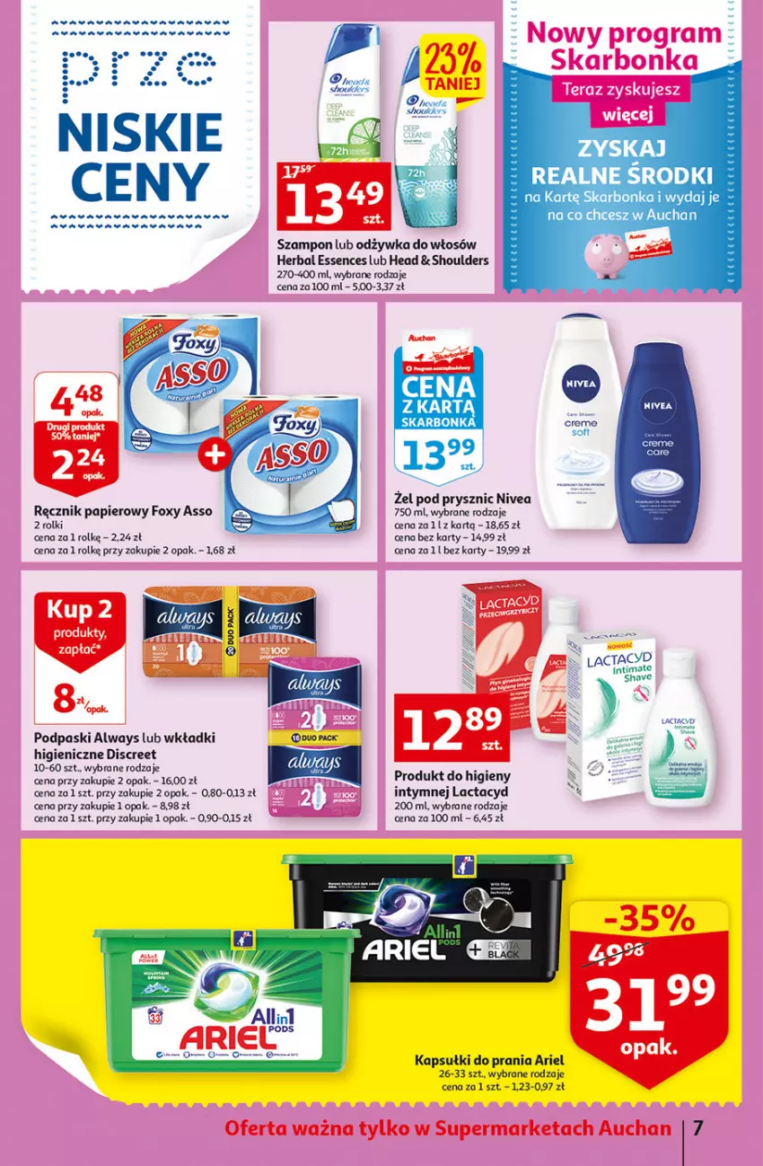 Gazetka promocyjna Auchan - Szkoła oszczędzania Temat PrzeTanie Kupowanie Supermarkety - ważna 28.07 do 03.08.2022 - strona 7 - produkty: Always, Ariel, Discreet, Fa, Foxy, Kapsułki do prania, Lactacyd, Nivea, Odżywka, Papier, Podpaski, Ręcznik, Rolki, Ryż, Szampon, Wkładki