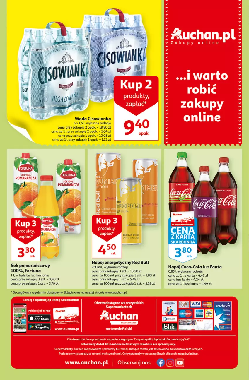 Gazetka promocyjna Auchan - Szkoła oszczędzania Temat PrzeTanie Kupowanie Supermarkety - ważna 28.07 do 03.08.2022 - strona 8 - produkty: Cisowianka, Coca-Cola, Fa, Fanta, Fortuna, Napój, Napój energetyczny, Red Bull, Sok, Sok pomarańczowy, Woda