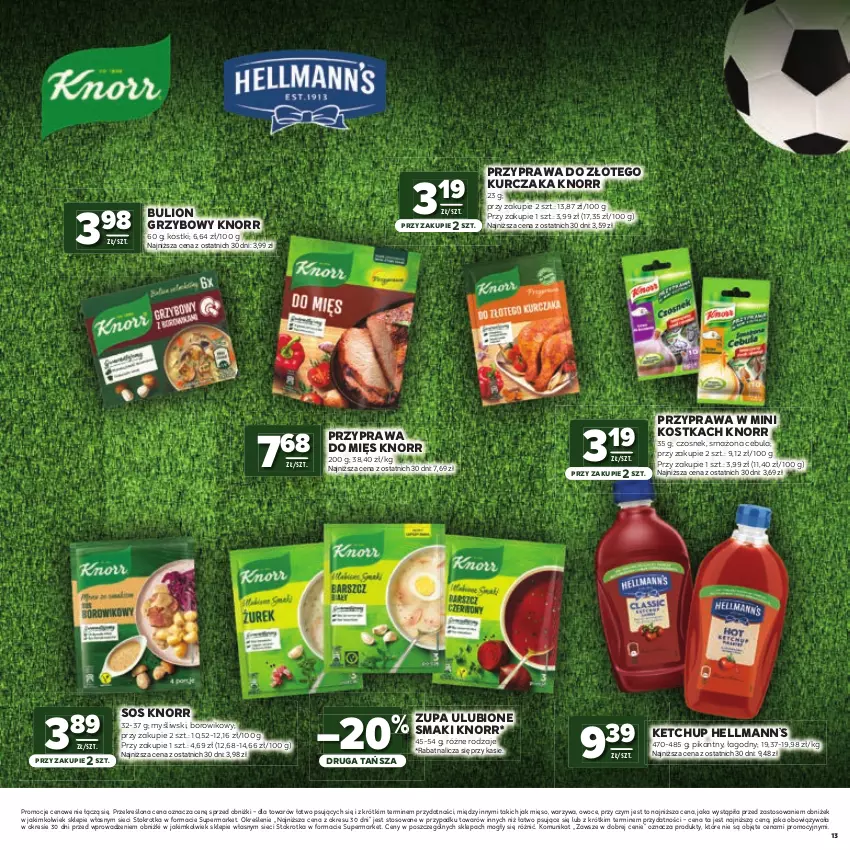 Gazetka promocyjna Stokrotka - Katalog Mistrzostwa Świata 2026! - ważna 11.06 do 24.06.2026 - strona 13 - produkty: Bulion, Cebula, Czosnek, Hellmann’s, Ketchup, Knorr, Kurczak, Lion, Mięso, Owoce, Sos, Warzywa, Wiko, Zupa