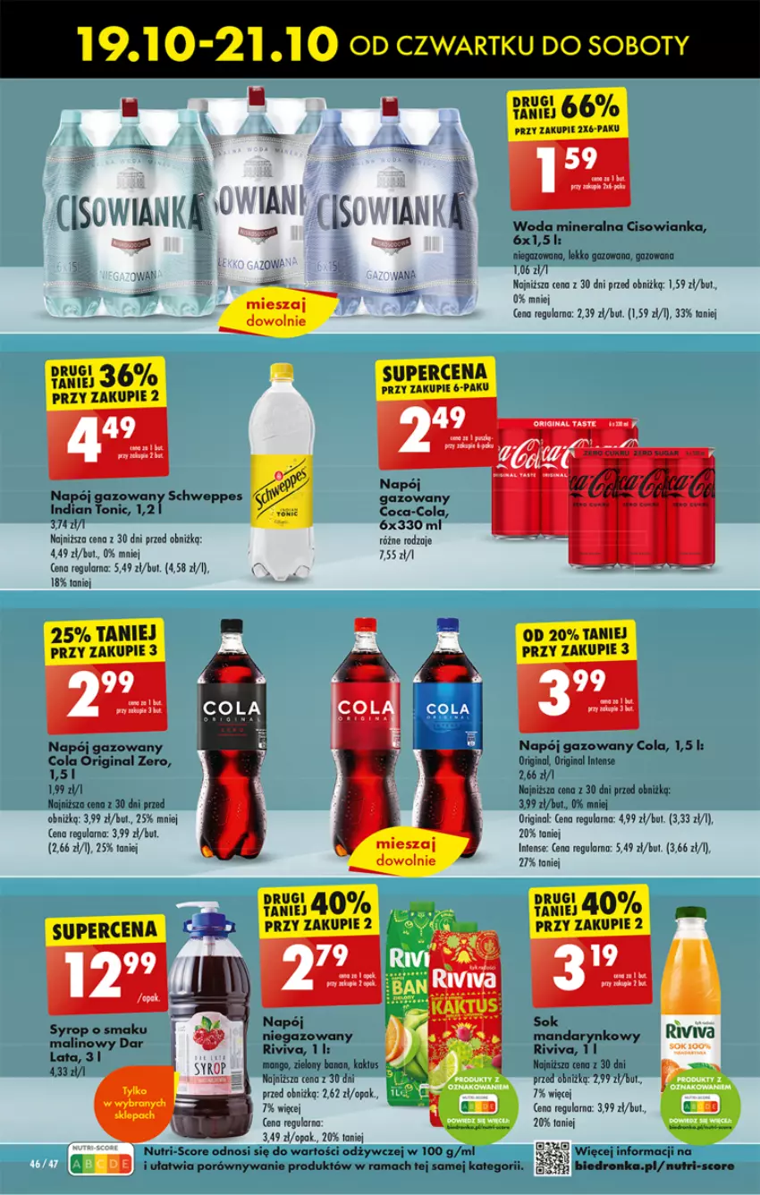 Gazetka promocyjna Biedronka - Od czwartku - ważna 19.10 do 25.10.2023 - strona 46 - produkty: Cisowianka, Coca-Cola, Dron, Gin, Mango, Napój, Napój gazowany, Por, Rama, Schweppes, Syrop, Woda, Woda mineralna