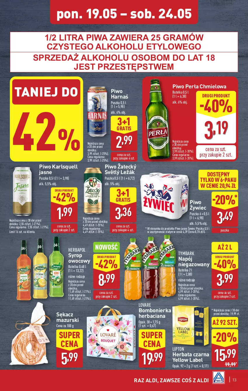 Gazetka promocyjna Aldi - Pełna oferta - ważna 19.05 do 24.05.2025 - strona 13 - produkty: Gra, Harnaś, Herbapol, Herbata, Herbata czarna, Karlsquell, Lipton, Napój, Napój niegazowany, Perła, Piwa, Piwo, Piwo jasne, Sękacz, Syrop, Tymbark
