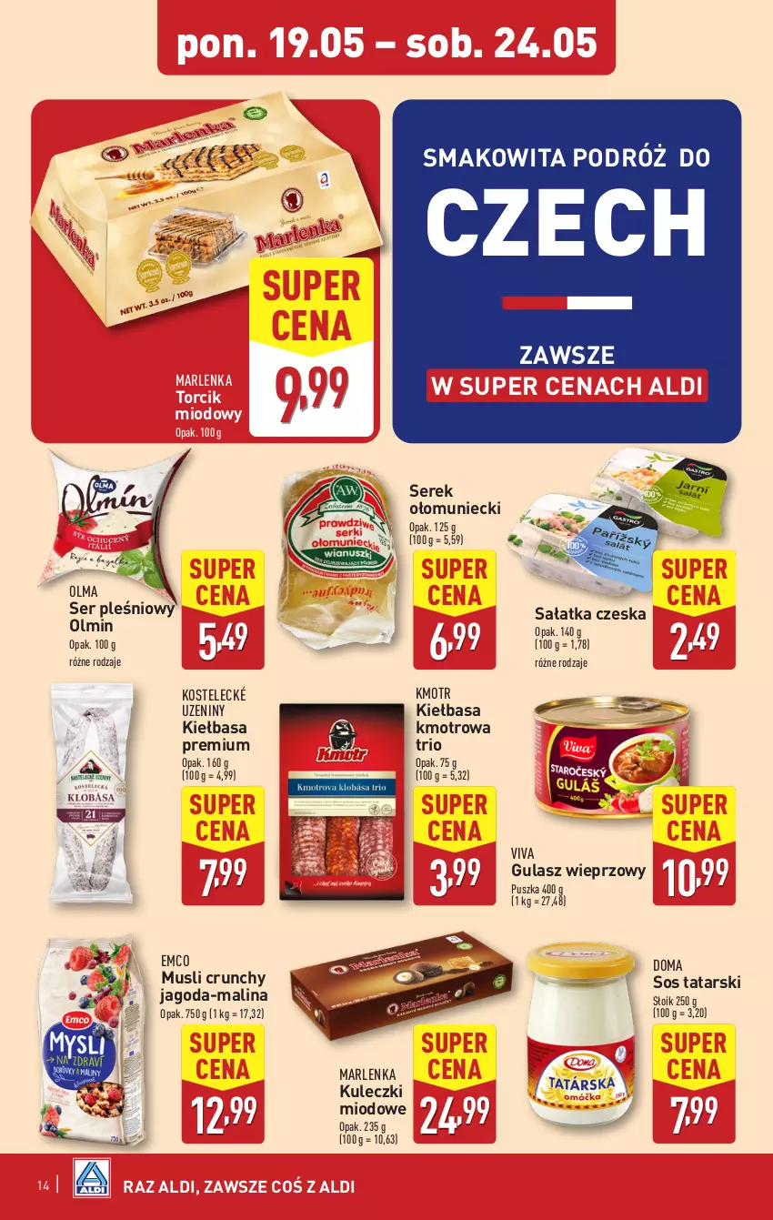 Gazetka promocyjna Aldi - Pełna oferta - ważna 19.05 do 24.05.2025 - strona 14 - produkty: Kiełbasa, Mus, Olma, Sałat, Sałatka, Ser, Ser pleśniowy, Serek, Smakowita, Sos