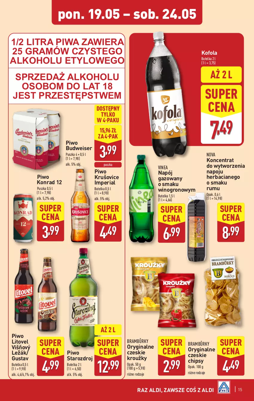 Gazetka promocyjna Aldi - Pełna oferta - ważna 19.05 do 24.05.2025 - strona 15 - produkty: Chipsy, Gin, Gra, Napój, Napój gazowany, Piwa, Piwo, Rum, Ser, Wino