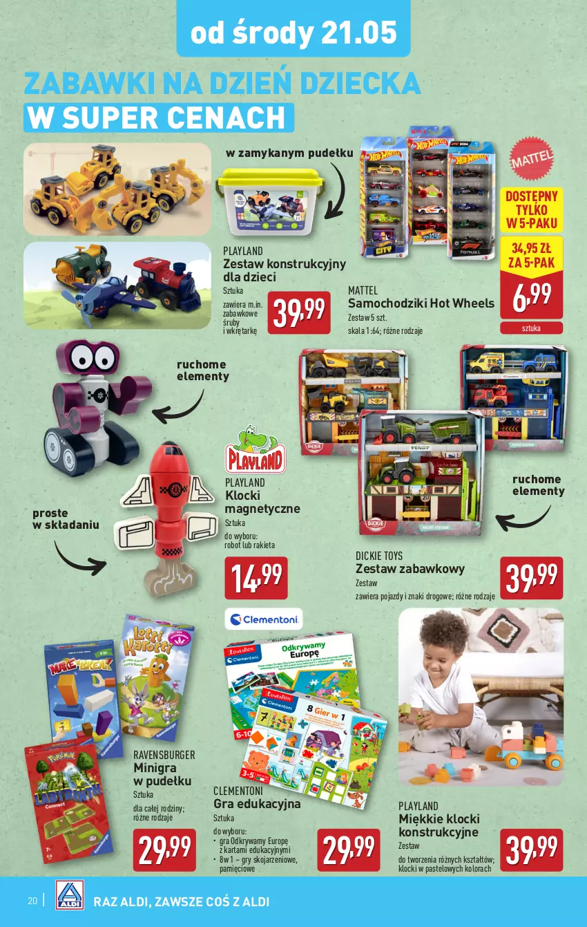 Gazetka promocyjna Aldi - Pełna oferta - ważna 19.05 do 24.05.2025 - strona 20 - produkty: Burger, Chodzik, Dzieci, Gra, Gry, Hot Wheels, Klocki, Mattel, Pojazd, Rakieta, Ravensburger, Robot, Samochodziki, Wkręt