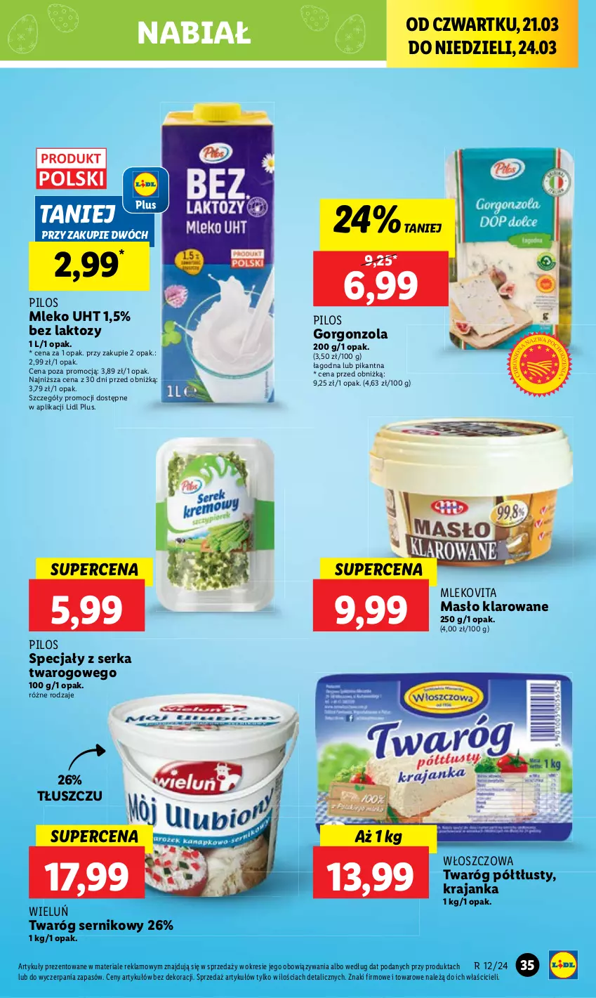 Gazetka promocyjna Lidl - GAZETKA - ważna 21.03 do 24.03.2024 - strona 37 - produkty: Gorgonzola, Masło, Masło klarowane, Mleko, Ser, Twaróg, Twaróg półtłusty