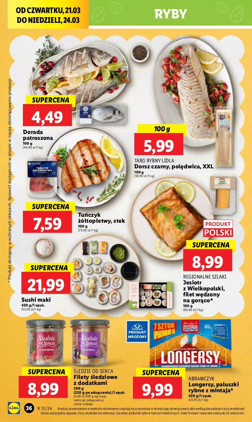 Gazetka promocyjna Lidl - GAZETKA - ważna 21.03 do 24.03.2024 - strona 38 - produkty: Dorsz, Mintaj, Paluszki rybne, Polędwica, Stek, Sushi, Top, Tuńczyk